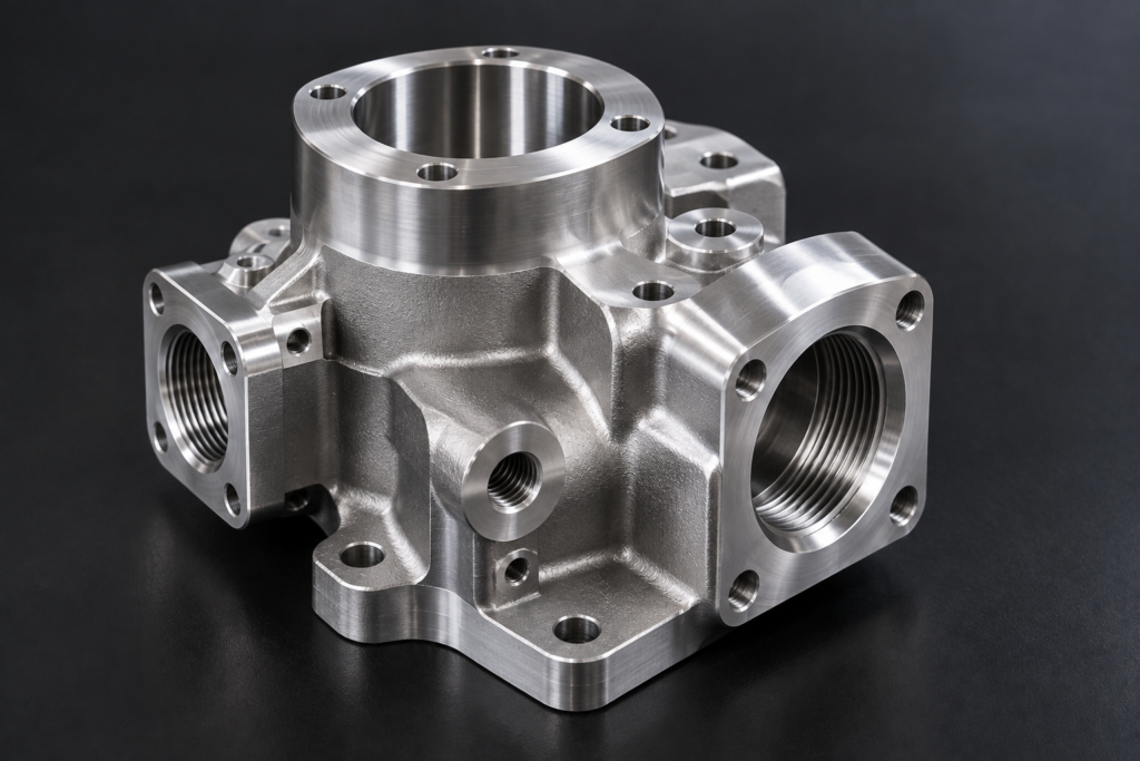 Valve housing produced with advanced CNC machining, featuring a flanged opening, bores, and multiple ports