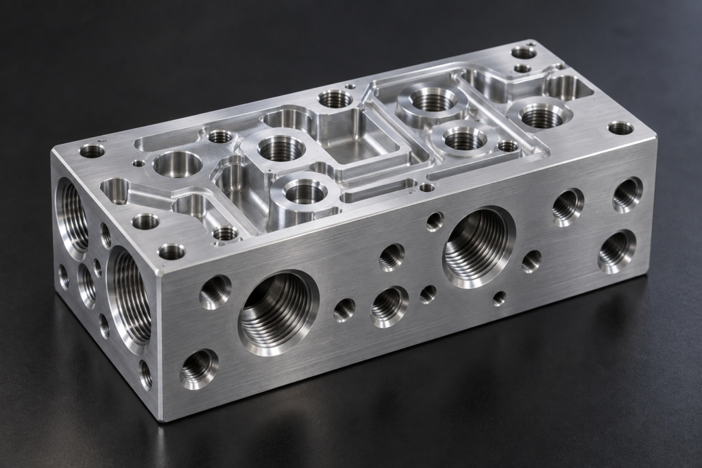 Hydraulic manifold produced with advanced CNC machining, featuring multiple ports, bores, and recessed features