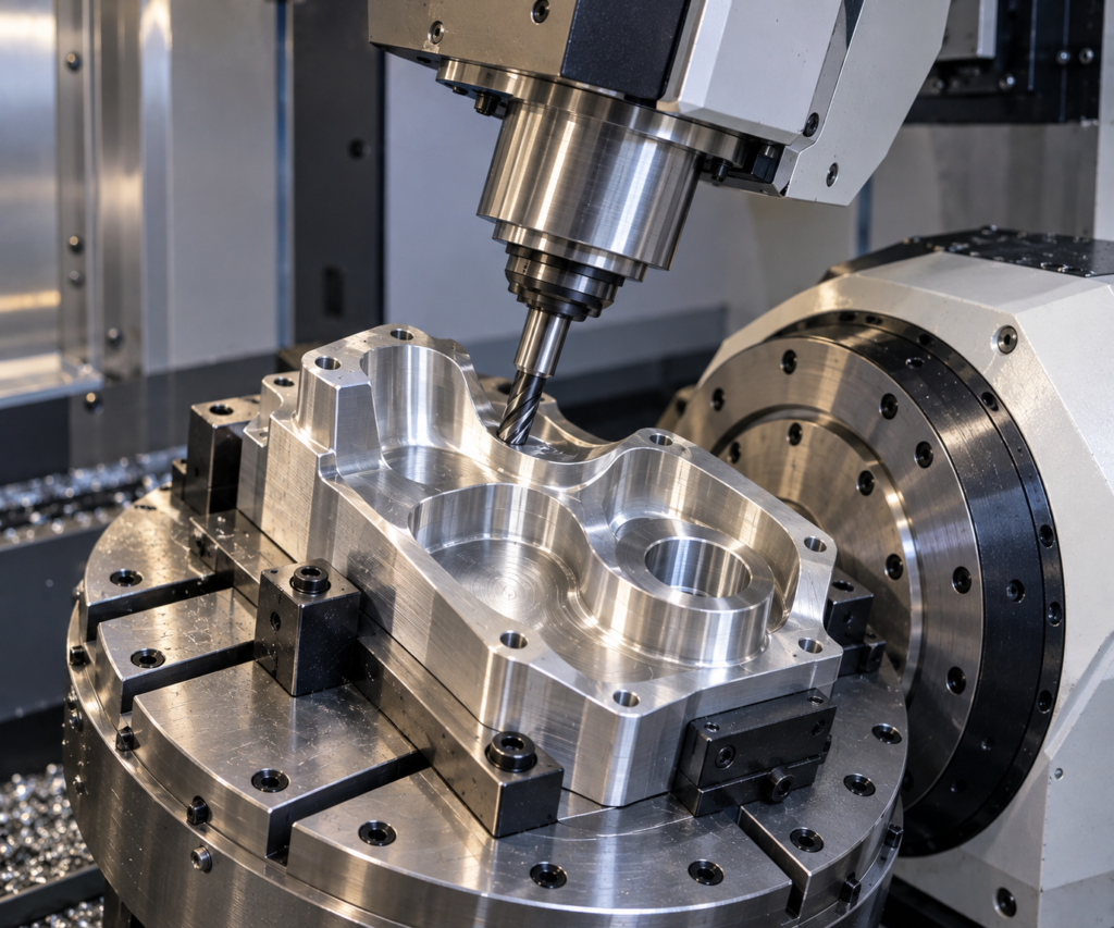 5-axis CNC machining of a complex metal component with contoured surfaces